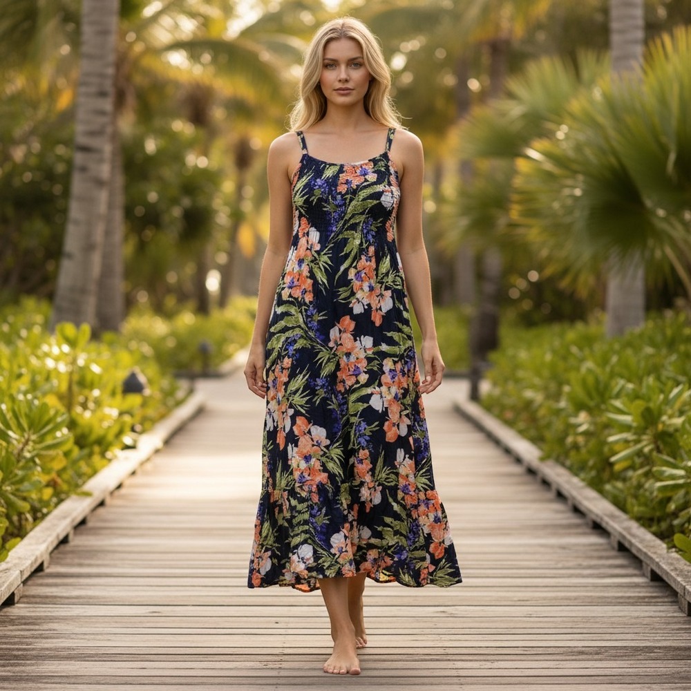 Croft & Barrow Dress Large Navy Blue Excellent Floral Smocked Midi Sleeveless